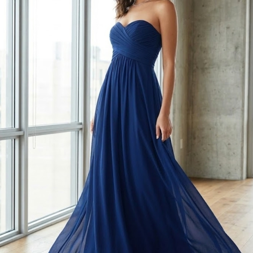 David's Bridal Strapless Navy Gown